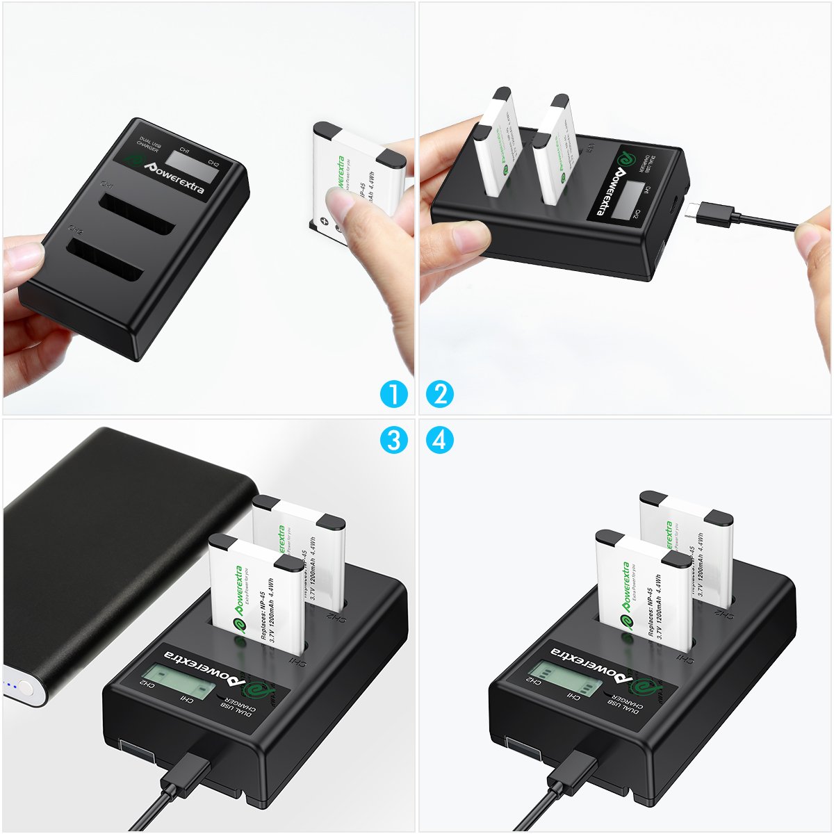 Powerextra NP-45 NP-45S NP-45A Camera Rechargeable 1200mAh 3.7v Lithium ion Replacement Battery With Charger For Fujifilm INSTAX