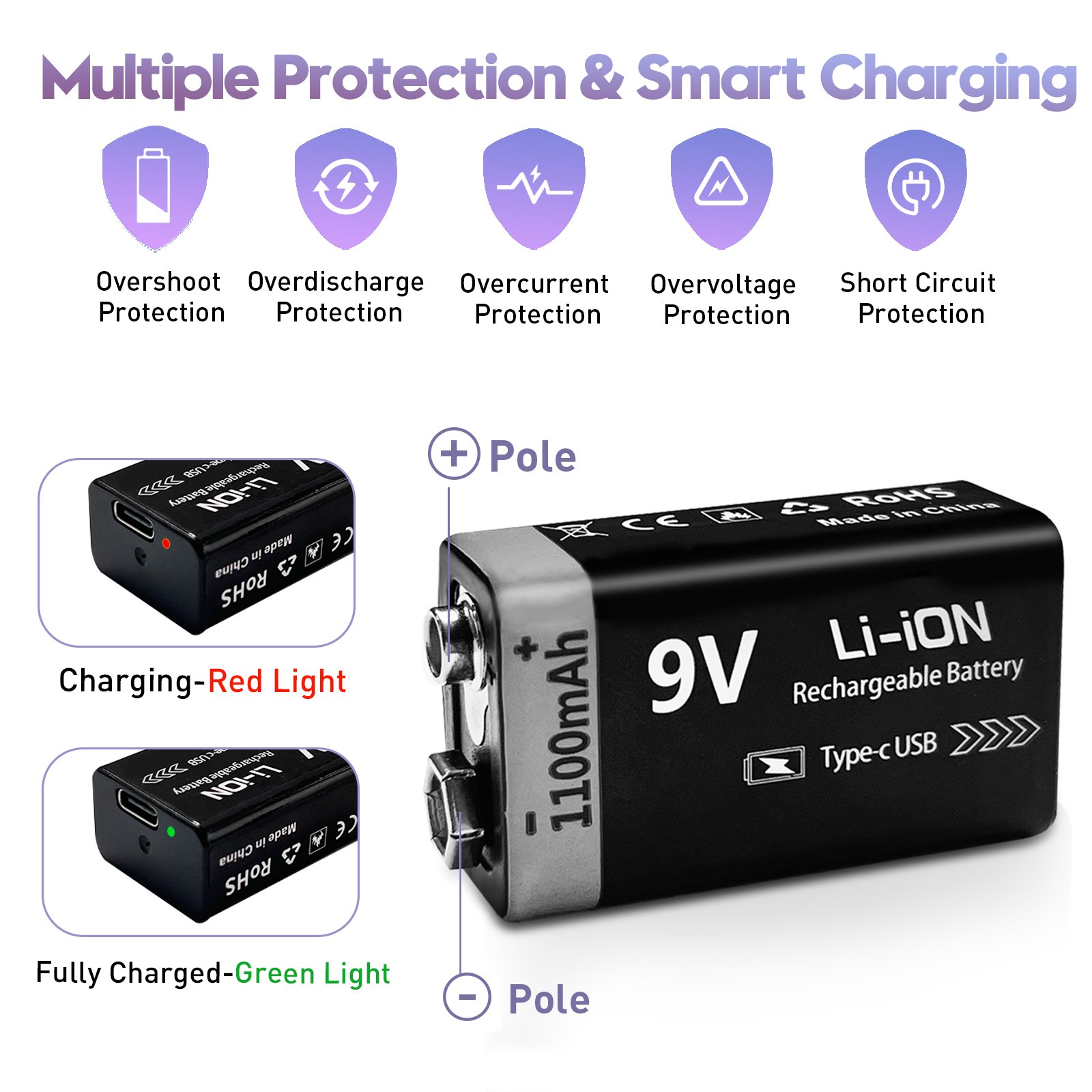 PP3 4100mWh 6F22 Type-c USB rechargeable lithium ion battery Smoke alarm 9V batteries