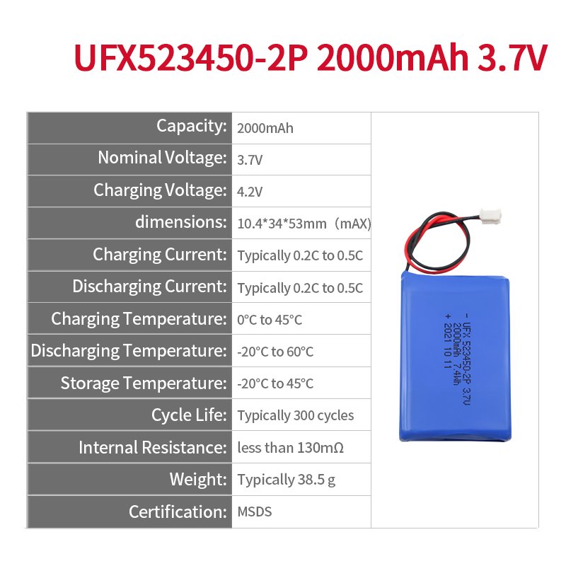 Factory Wholesale Batteries Rechargeable Lithium Battery Pack UFX 523450 1S2P 2000mAh 3.7V 7.4Wh For Remote Control