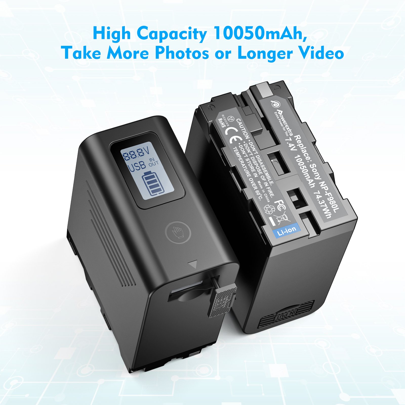 Powerextra Usb C Battery Pack Rechargeable 7.4V 10050mAh USB Output Lithium Camera NP-F970 Battery Packs For Sony