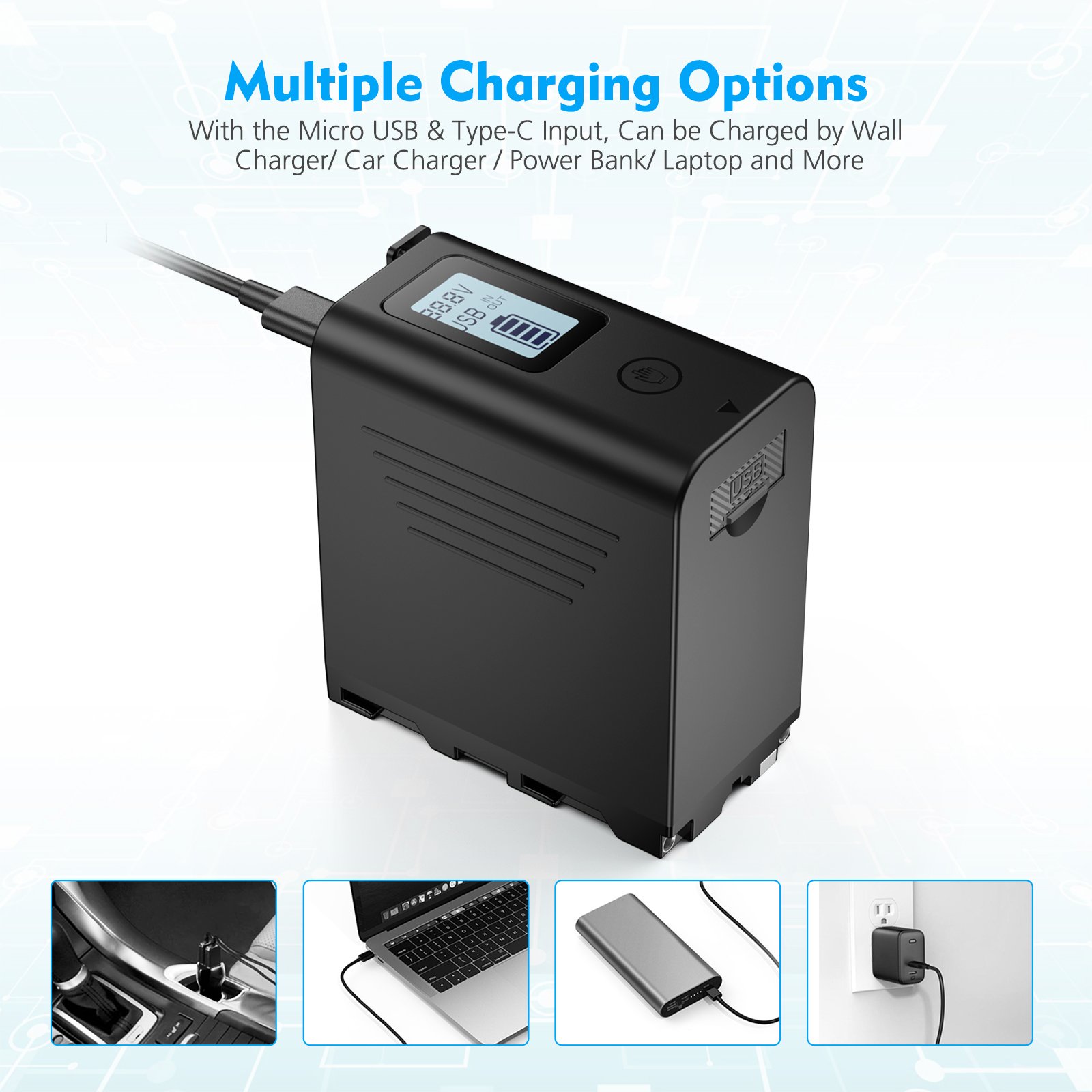 Powerextra Usb C Battery Pack Rechargeable 7.4V 10050mAh USB Output Lithium Camera NP-F970 Battery Packs For Sony