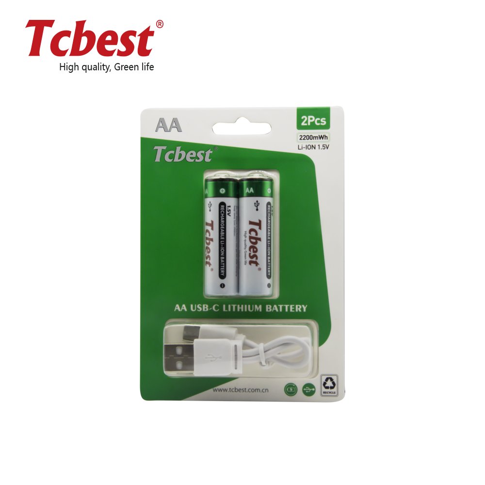Lithium Type-C AA Rechargeable Battery 1.5V 2600mWh for Smart meters, medical equipment, electric toys, cameras