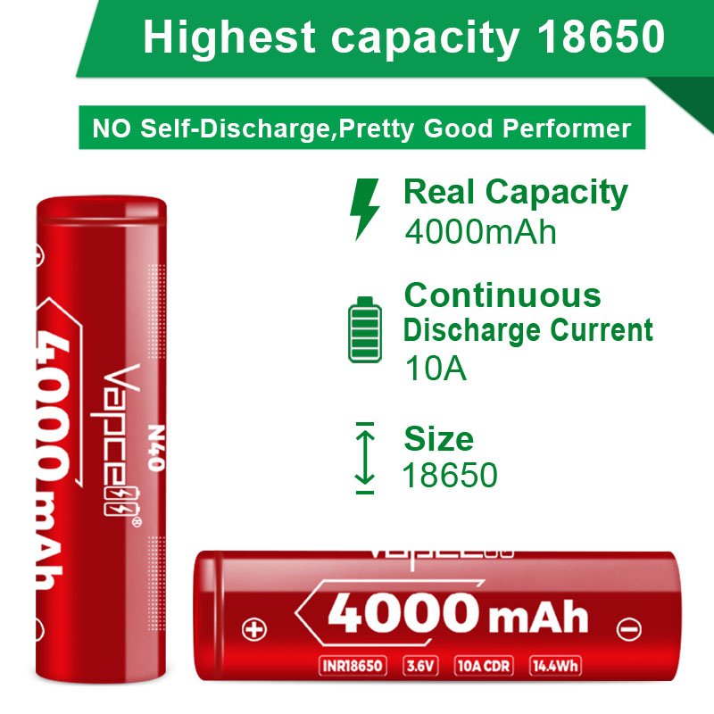Vapcell N40 18650 3.7V 4000mAh 10A Battery Highest Capacity 18650 Cell Flashlight Power Tools Cylindrical Electron Application