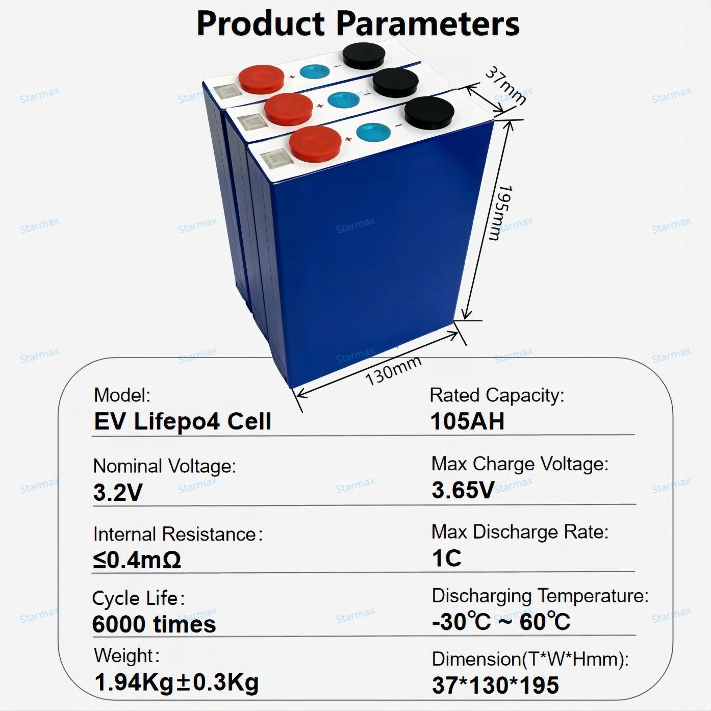 Starmax Ev E 3.2V 105Ah Rechargeable Lithium Ion Batteries Lifepo4 Battery 105Ah Prismatic Cell Solar Energy Storage Battery