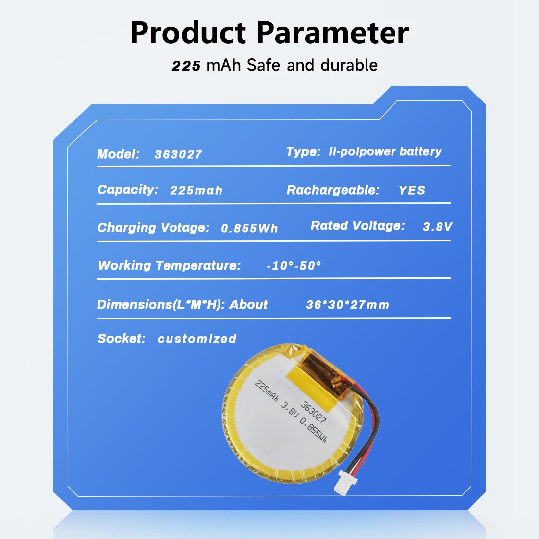 Wholesale Customized 3.8v 225mAh 363027 Lithium Polymer Rechargeable lipo Round Battery cell battery Pack with Connector