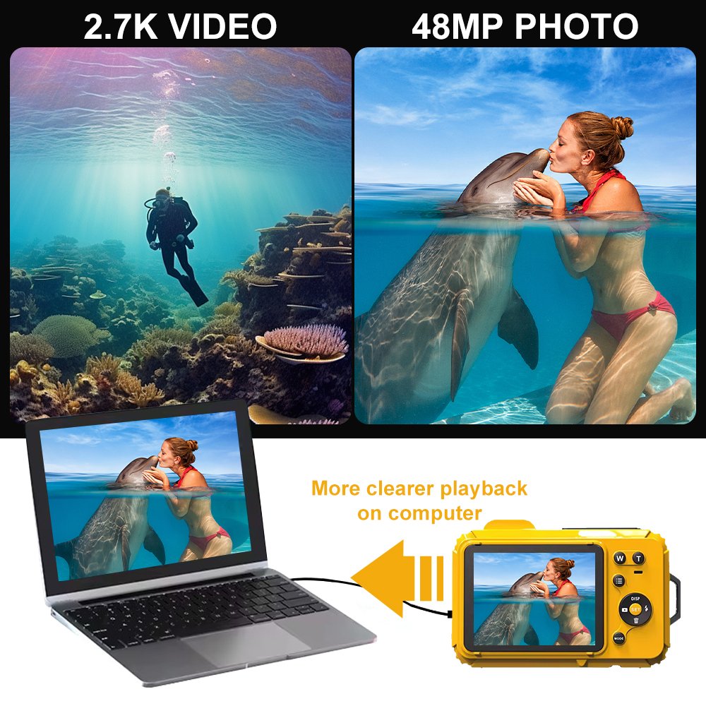 48MP 2.7K HD Video Resolution Waterproof Digital Camera Diving Snorkeling 32.8FT Underwater Selfie Optical Camera CMOS Sensor SD