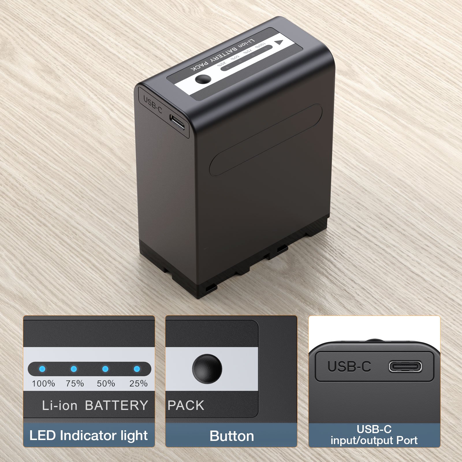 Multifunctional NP-F970 NP-F980 Digital Battery 10000mAh Type C Fast Charging 7.2v Camera Batteries