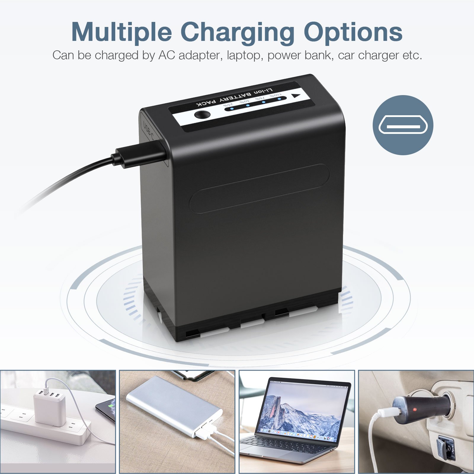 Multifunctional NP-F970 NP-F980 Digital Battery 10000mAh Type C Fast Charging 7.2v Camera Batteries
