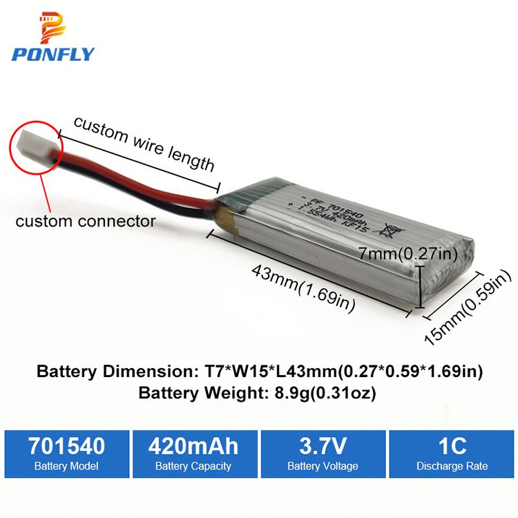 PONFLY Lipo Battery 420mAh Rechargeable Li-Polymer Battery 701540 3.7V 420mAh Lipo Battery For Small Digital Devices