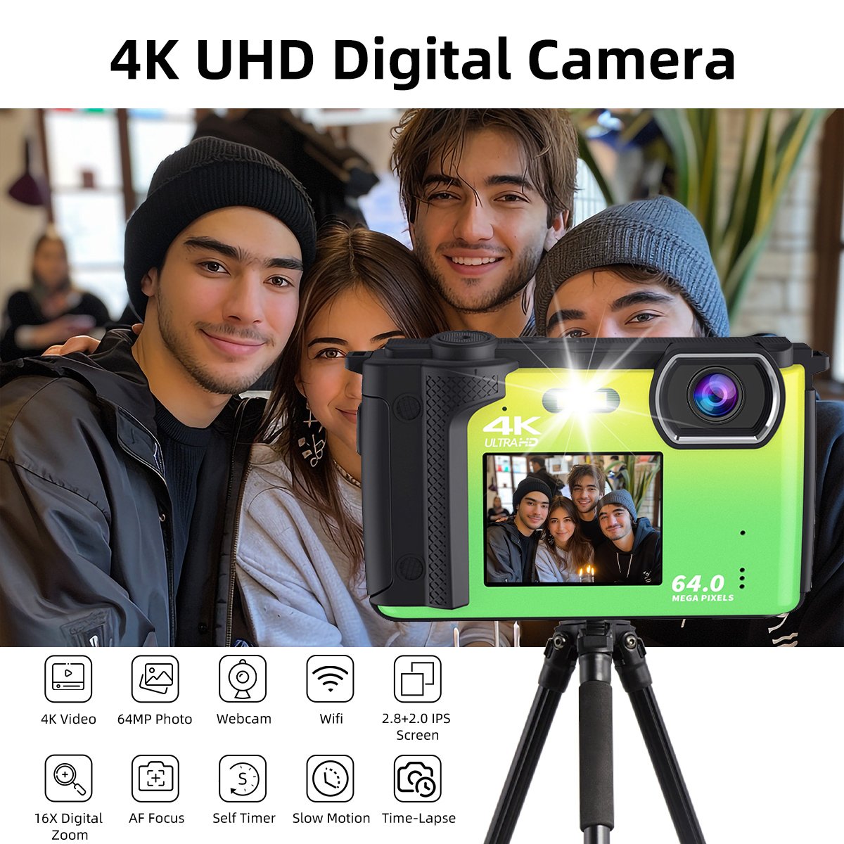 Newest 4K HD Digital Camera 2.8+2.0'' Dual IPS Screen Auto Focus 16X Digital Zoom Webcam Wifi Vlog Camera for Photography