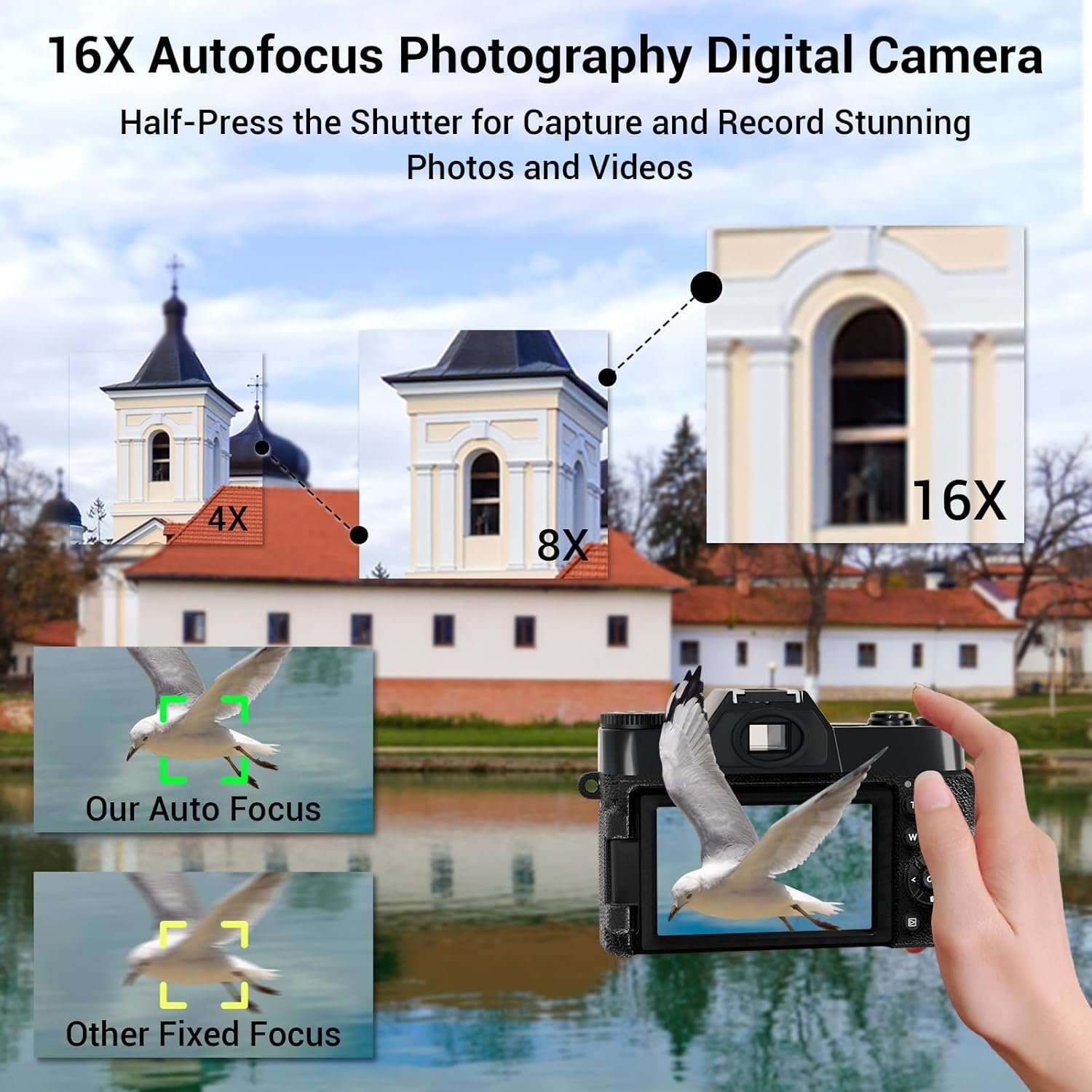 4K Digital Camera for Photography Autofocus 48MP 16X Digital Zoom WiFi 3'' 180° Flip Screen Vlogging Video Compact Cameras