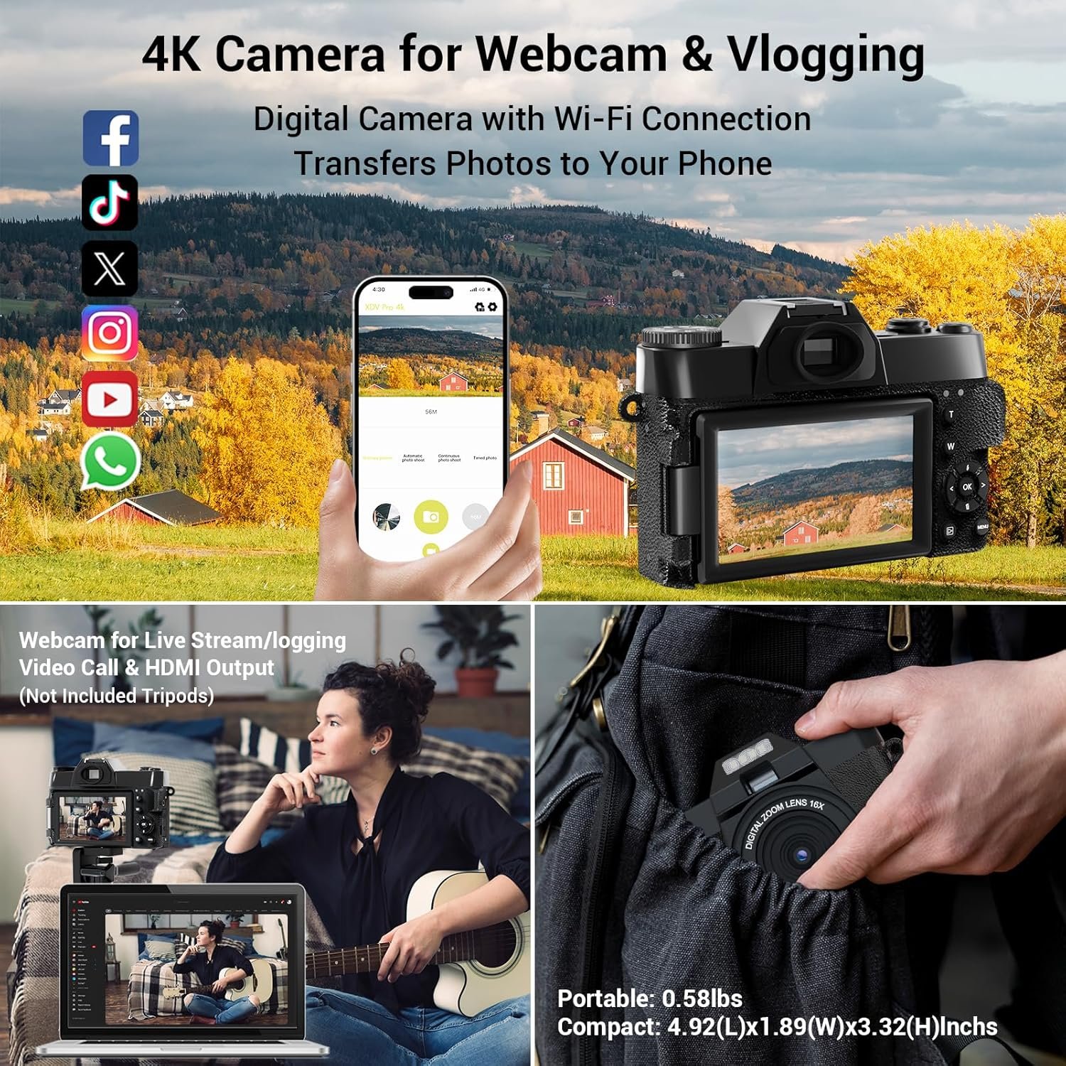 4K Digital Camera for Photography Autofocus 48MP 16X Digital Zoom WiFi 3'' 180° Flip Screen Vlogging Video Compact Cameras