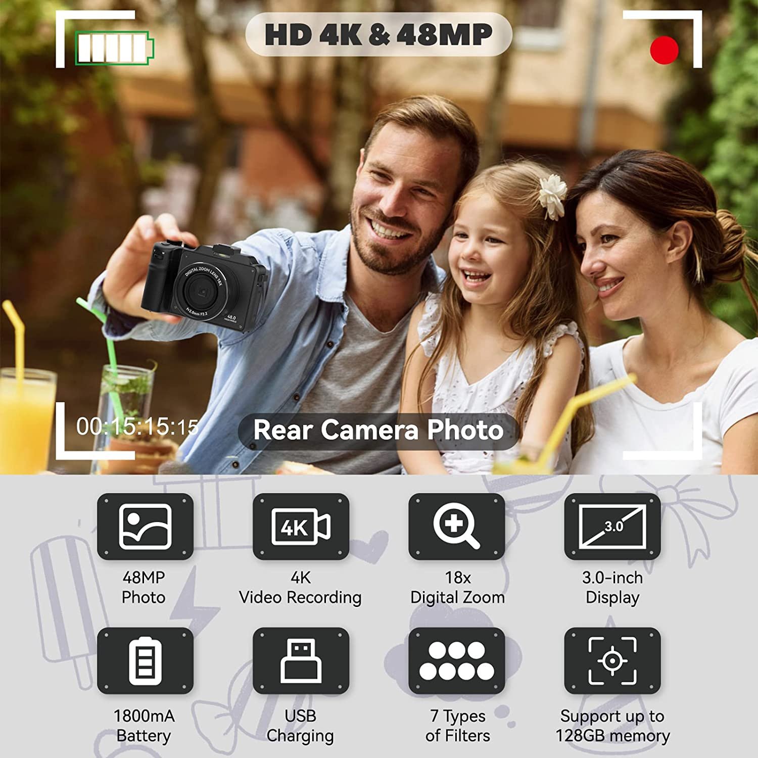 48MP Digital Camera for Photography,4K Camera with Front and Rear Dual Lens Cameras,18X Digital Zoom 3.0-inch Screen
