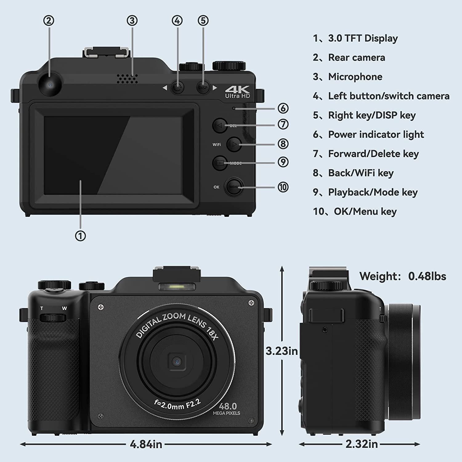48MP Digital Camera for Photography,4K Camera with Front and Rear Dual Lens Cameras,18X Digital Zoom 3.0-inch Screen