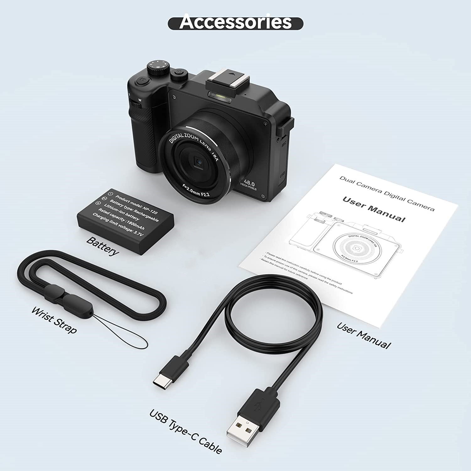48MP Digital Camera for Photography,4K Camera with Front and Rear Dual Lens Cameras,18X Digital Zoom 3.0-inch Screen