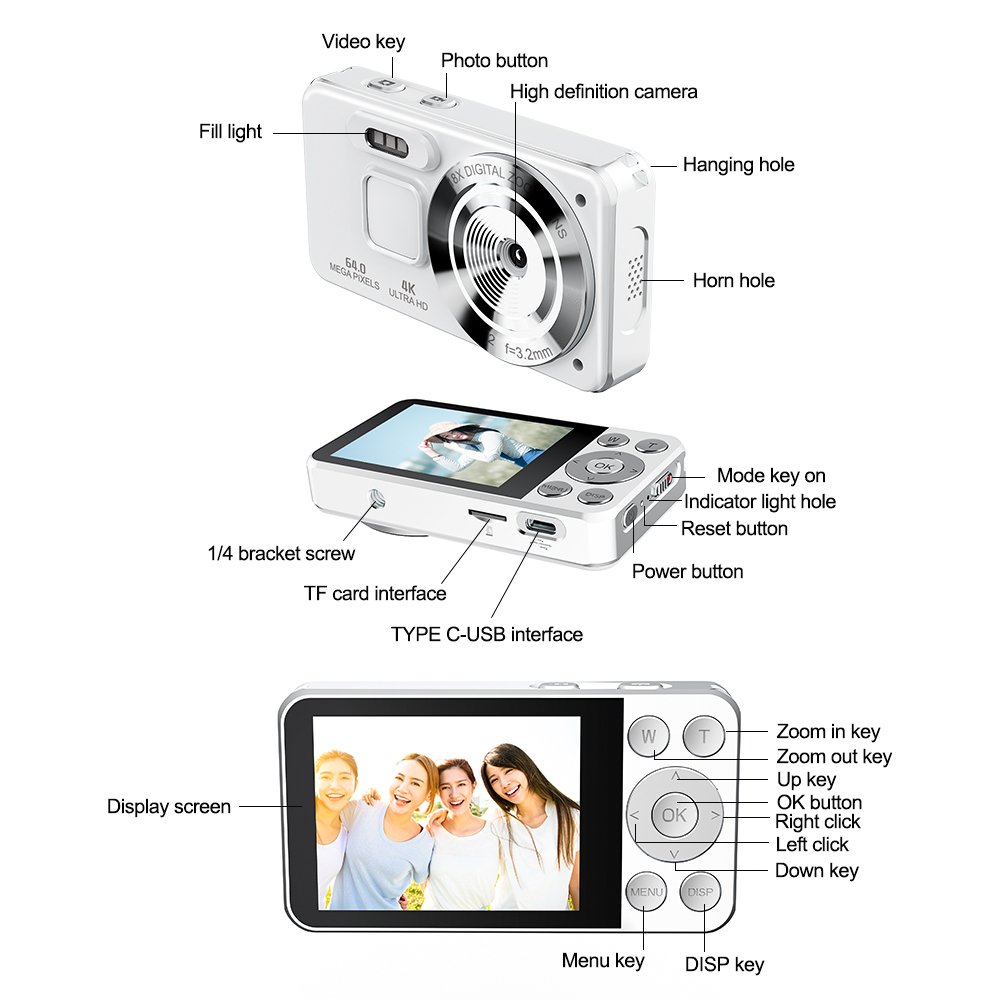 A56 White 4K 30FPS Digital HD Camera Fill Light Type-C 2000mAh Long Battery Life Multi Filter Camcorder for Children Record