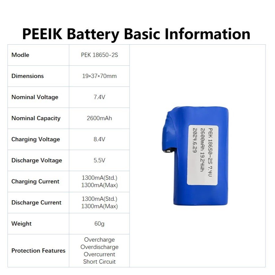 PEEIK 18650-2S 2600mAh 7.4v 19.24Wh Digital Cameras Fast Charging Battery Suppliers Wireless Earbud Charging Cases VR Headsets