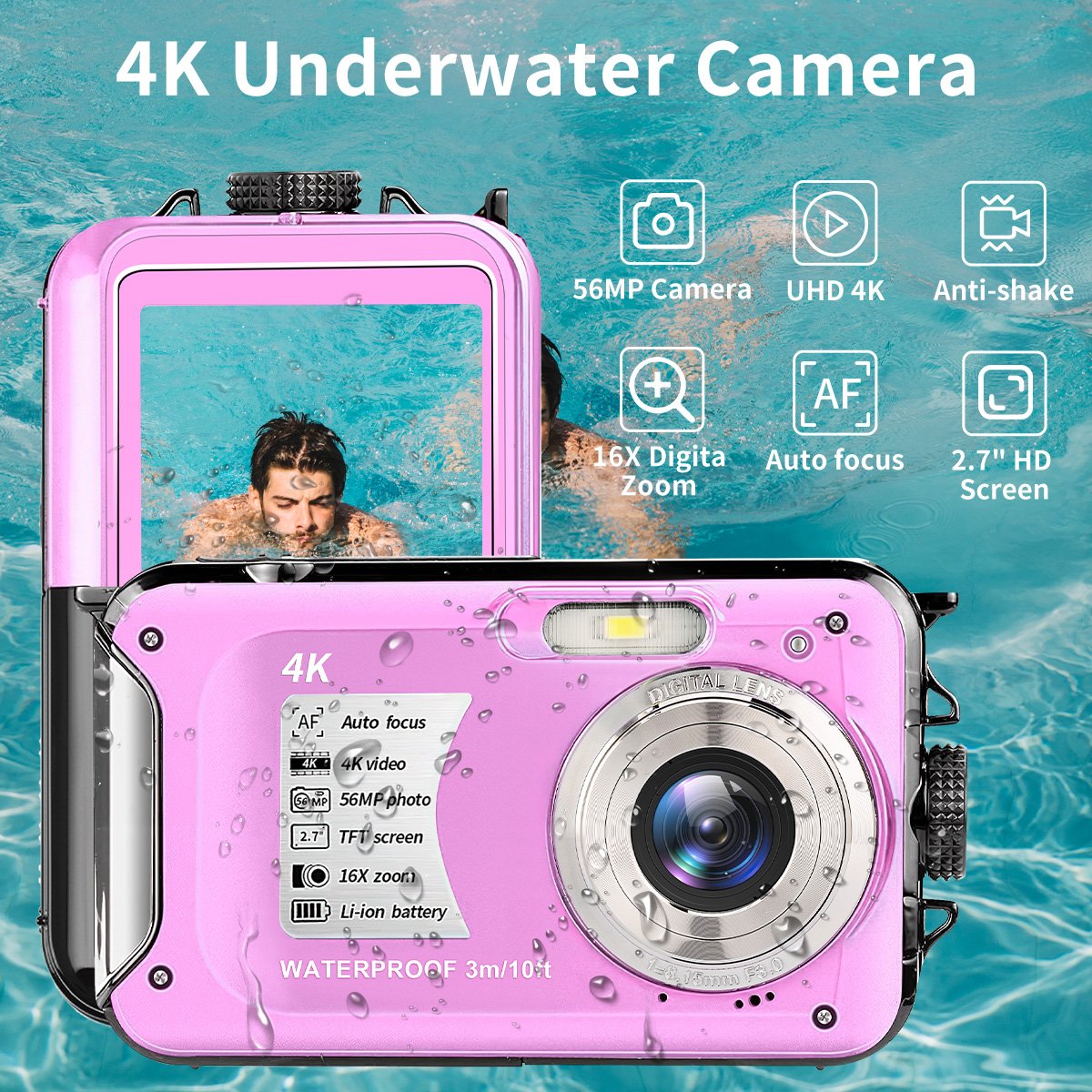 4K 56MP HD Waterproof Camera 2.7'' Screen 10FT/3M Underwater Swimming Camera 16X Digital Zoom Camera for Snorkeling(Pink)