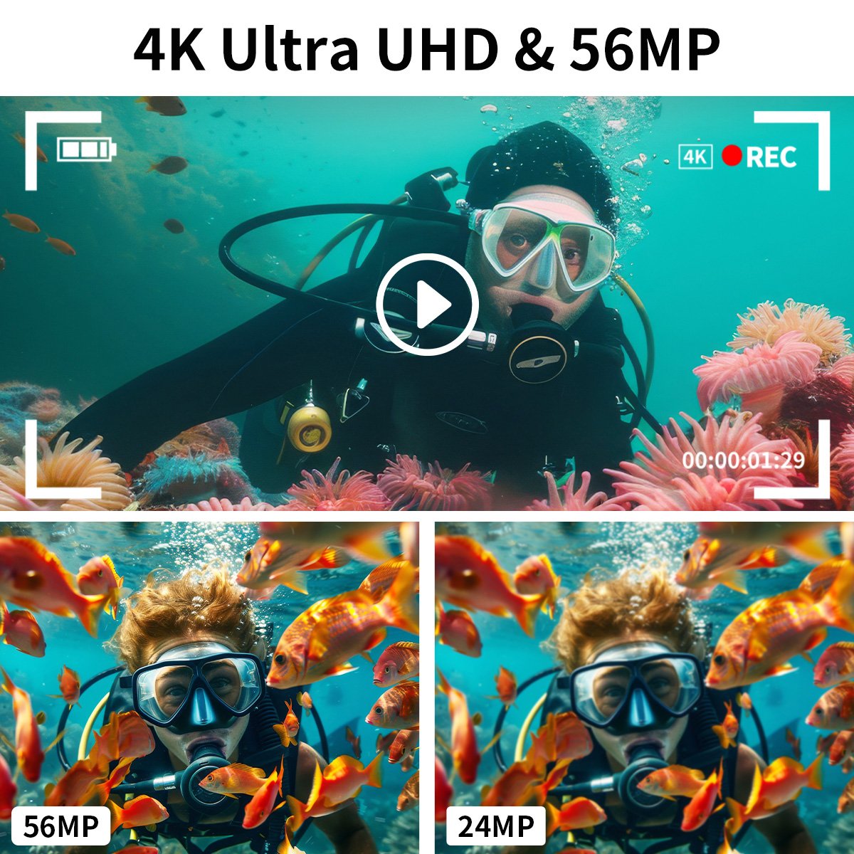 4K 56MP HD Waterproof Camera 2.7'' Screen 10FT/3M Underwater Swimming Camera 16X Digital Zoom Camera for Snorkeling(Pink)
