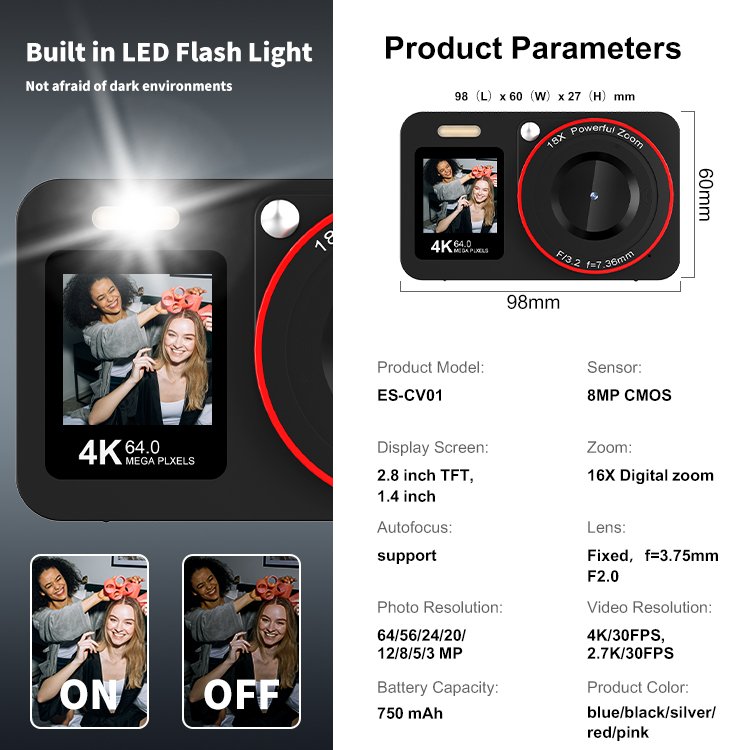 New 16X Zoom Students Beginner LED Light 64 MegaPixels Compact Cameras 4K HD Video Digital Selfie Camera for Photography
