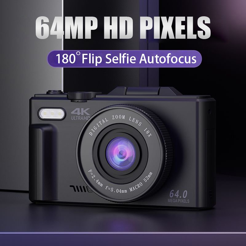 Children's Gift 4K Digital Camera for Beginners Vlogging Point and Shoot Camera with 3" Flip Screen 18X Digital Zoom 64MP