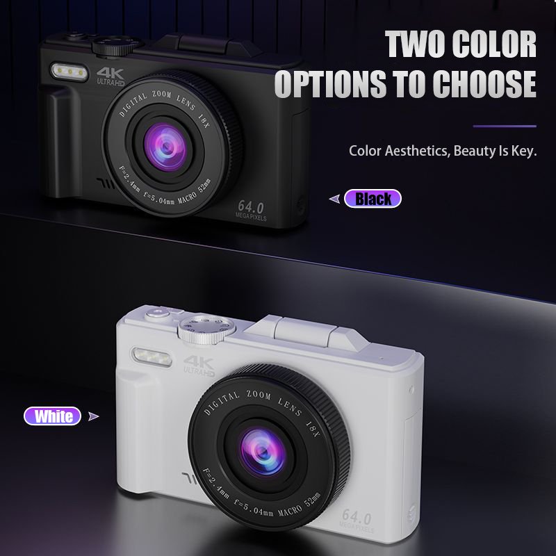 Children's Gift 4K Digital Camera for Beginners Vlogging Point and Shoot Camera with 3" Flip Screen 18X Digital Zoom 64MP