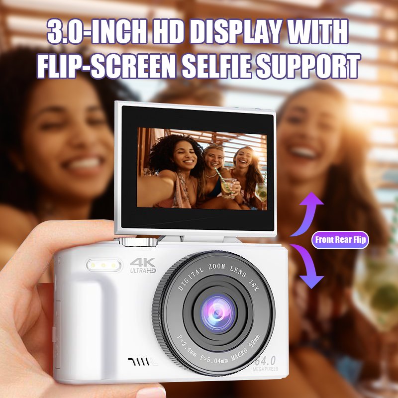 Children's Gift 4K Digital Camera for Beginners Vlogging Point and Shoot Camera with 3" Flip Screen 18X Digital Zoom 64MP