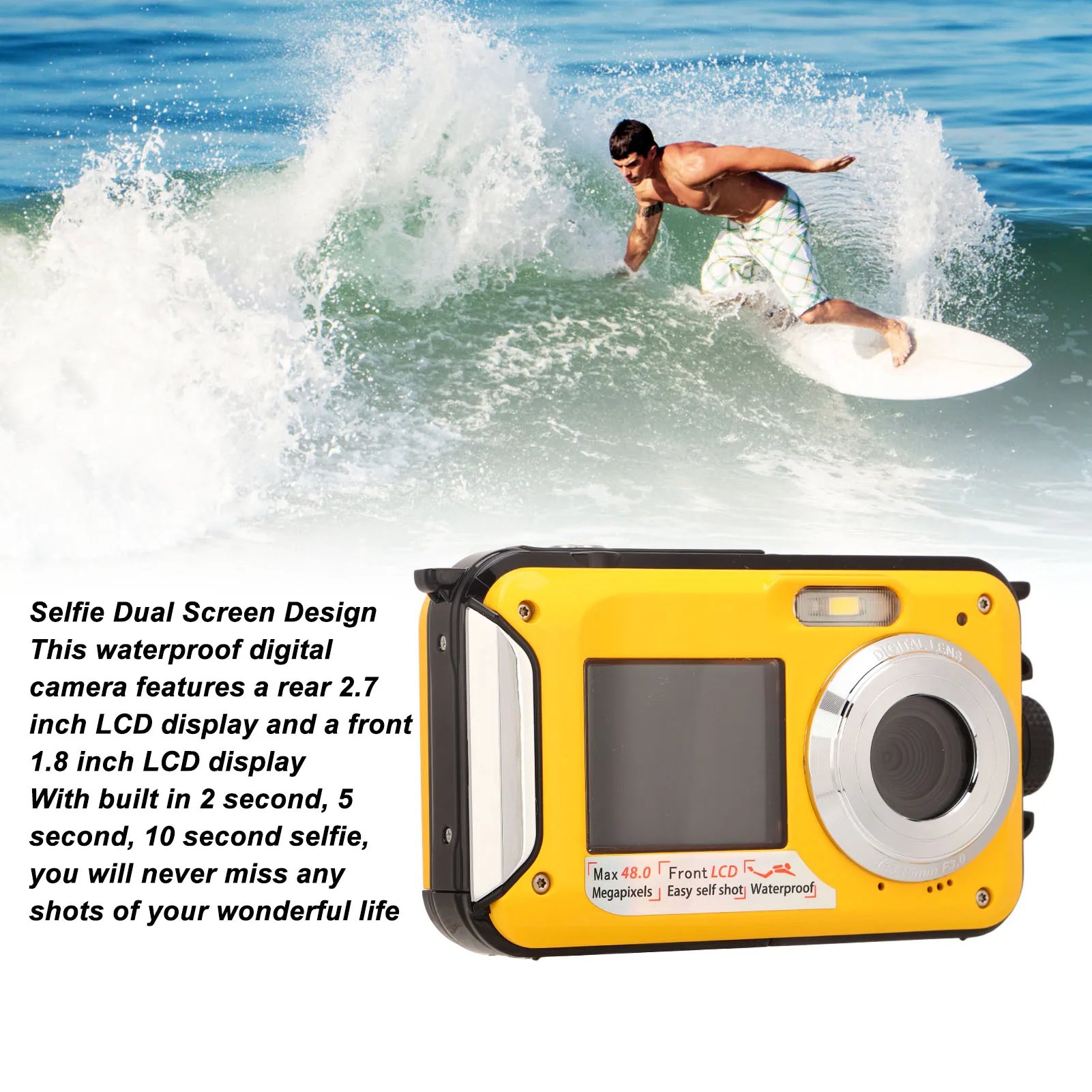 B268 Waterproof Underwater Digital Children's Camera with 48mp and 10ft Waterproof Depth Dual Screens and 16x Zoom Kids Camera