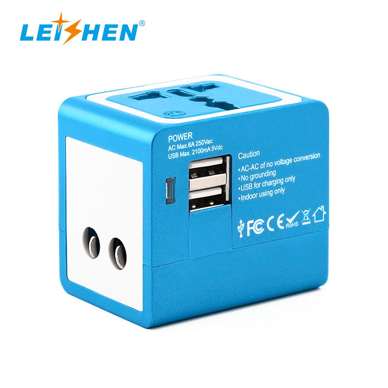 Factory Price Colorful Electrical Plug Socket USB Charger Travel Adapter Multi Plug 100-240V Universal Adaptor With 2USBA