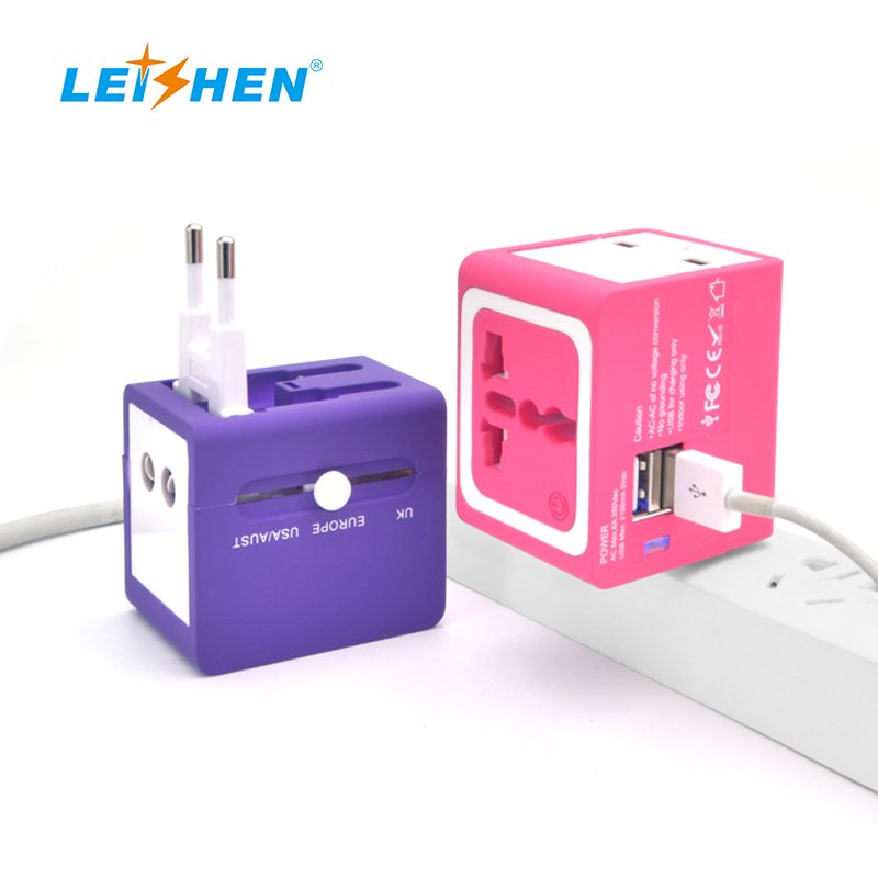 Factory Price Colorful Electrical Plug Socket USB Charger Travel Adapter Multi Plug 100-240V Universal Adaptor With 2USBA