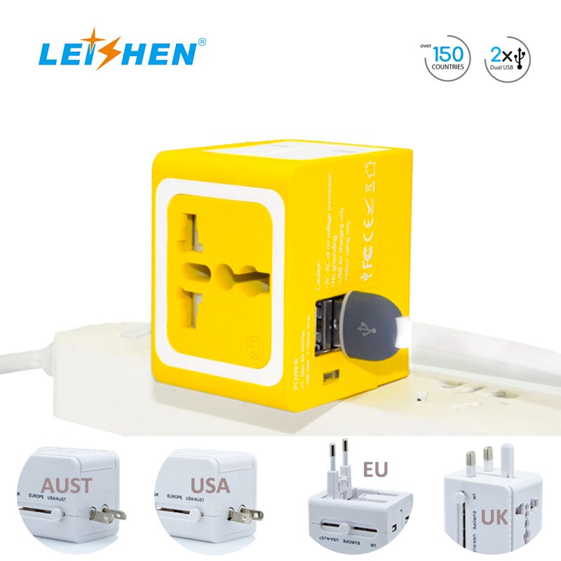 Factory Price Colorful Electrical Plug Socket USB Charger Travel Adapter Multi Plug 100-240V Universal Adaptor With 2USBA