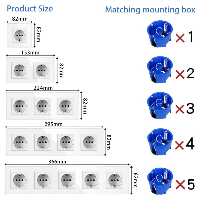 European standard power socket plug 2/3/4/5 group output crystal glass panel 16A white gray black power socket