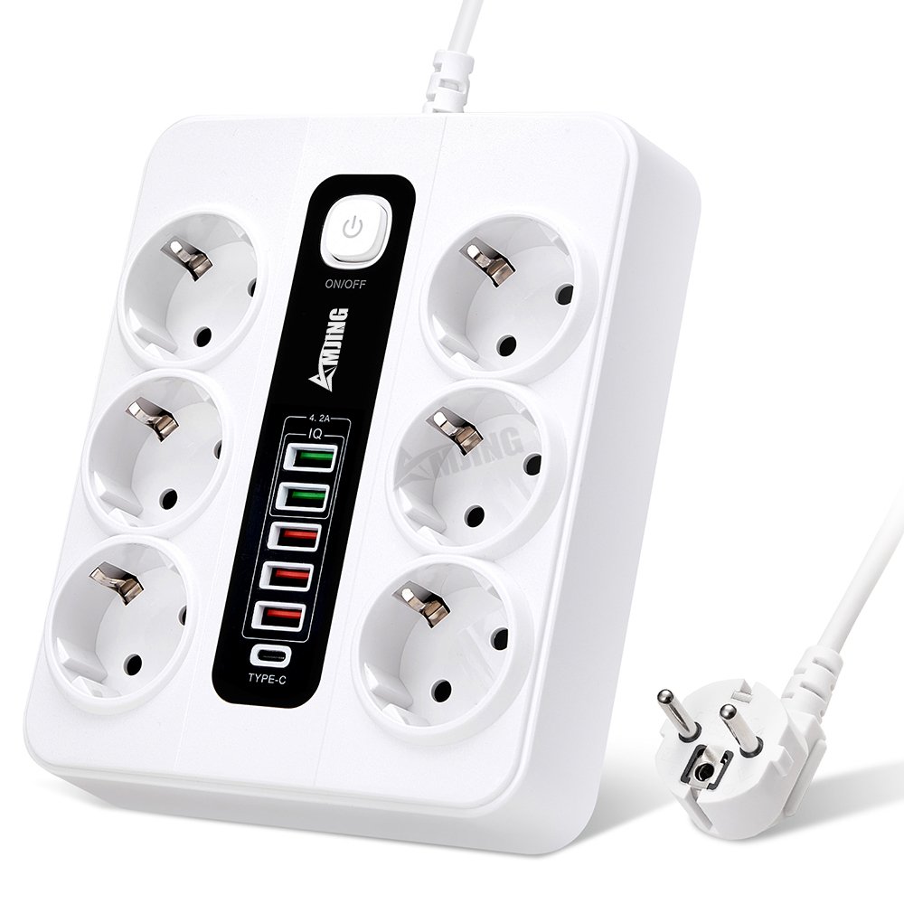 3000W 10A 250V EU power strip TYPE-C 6 plug Overload protection smart Extension euro socket