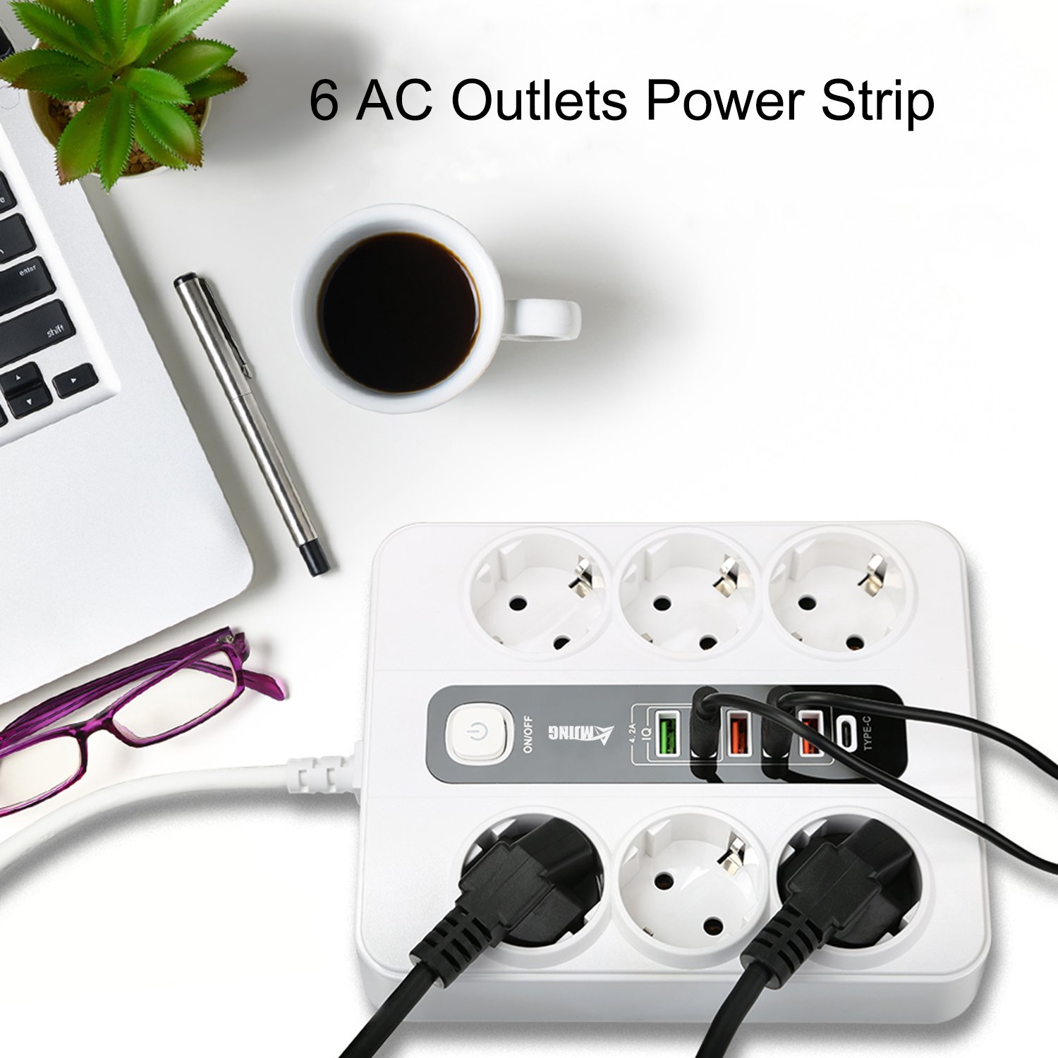 3000W 10A 250V EU power strip TYPE-C 6 plug Overload protection smart Extension euro socket