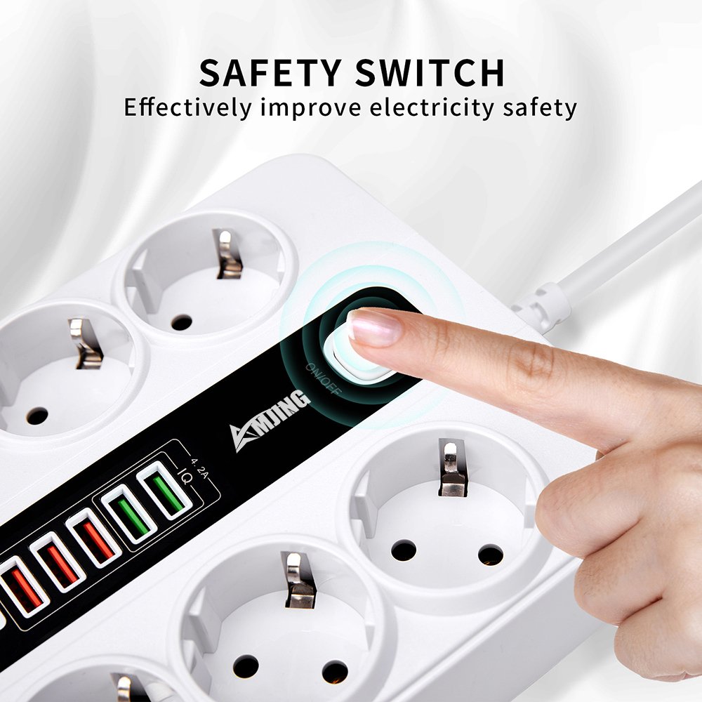 3000W 10A 250V EU power strip TYPE-C 6 plug Overload protection smart Extension euro socket