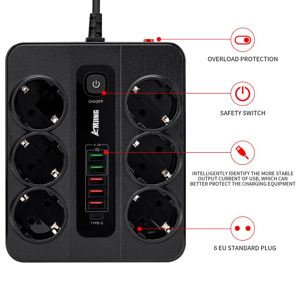 3000W 10A 250V EU power strip TYPE-C 6 plug Overload protection smart Extension euro socket