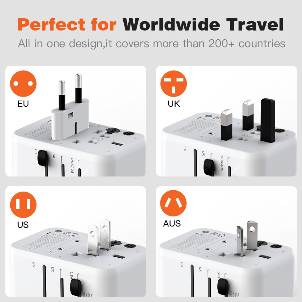 Worldplug International Wall Charger AC Plug Adaptor Universal Travel Adapter with 2 USB A and Type-C Ports for USA EU UK AUS
