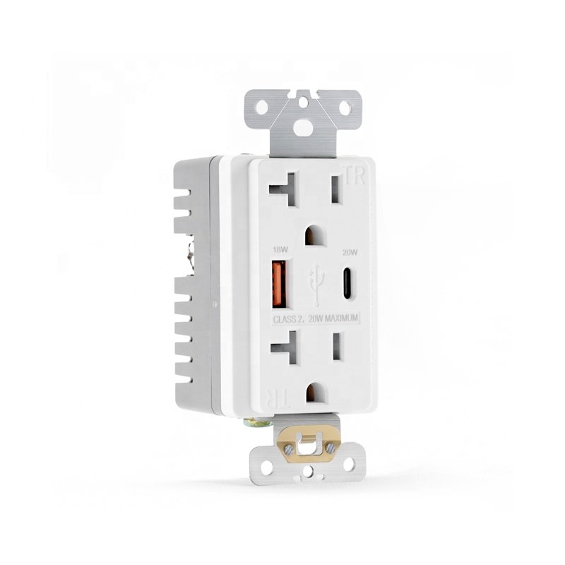 America USB Duplex Receptacle Wall Plug Socket 110V 2 Gang 20A Outlet With 2 USB A C High Speed PD 20W Charger Socket
