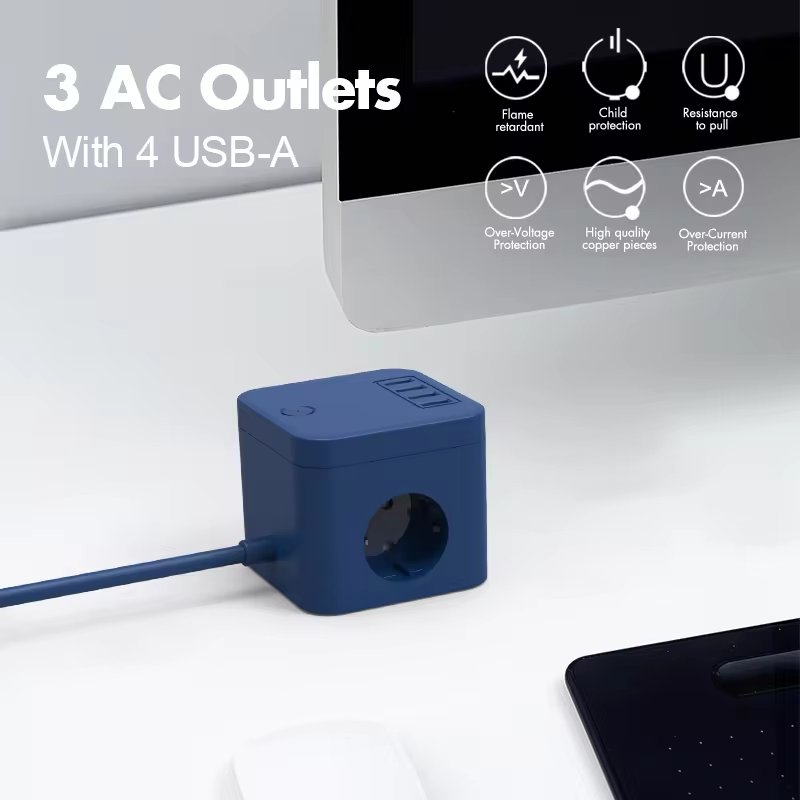 Vastfafa NEW Socket Multi-color VDE Plug 3 Outlet 4 USB Ports USB Cube Power Strip Socket Eu POWER PLUGs Sockets