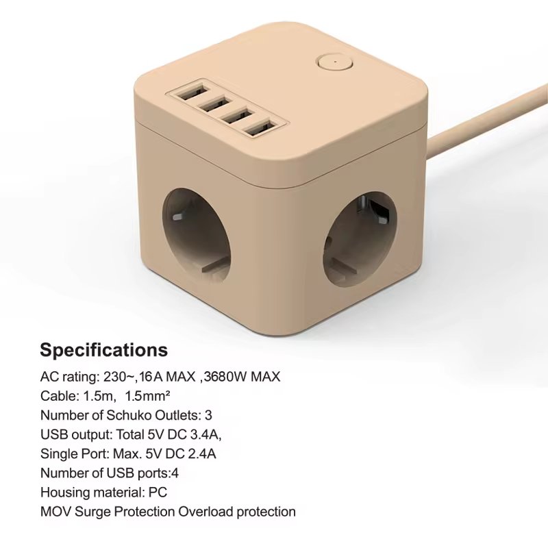 Vastfafa NEW Socket Multi-color VDE Plug 3 Outlet 4 USB Ports USB Cube Power Strip Socket Eu POWER PLUGs Sockets