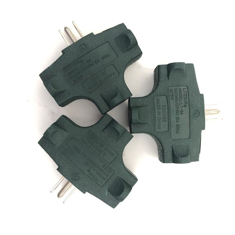 Heavy Duty Grounded Wall Plug 3 Way Green Tap T shape Outlet Grounding Adapter