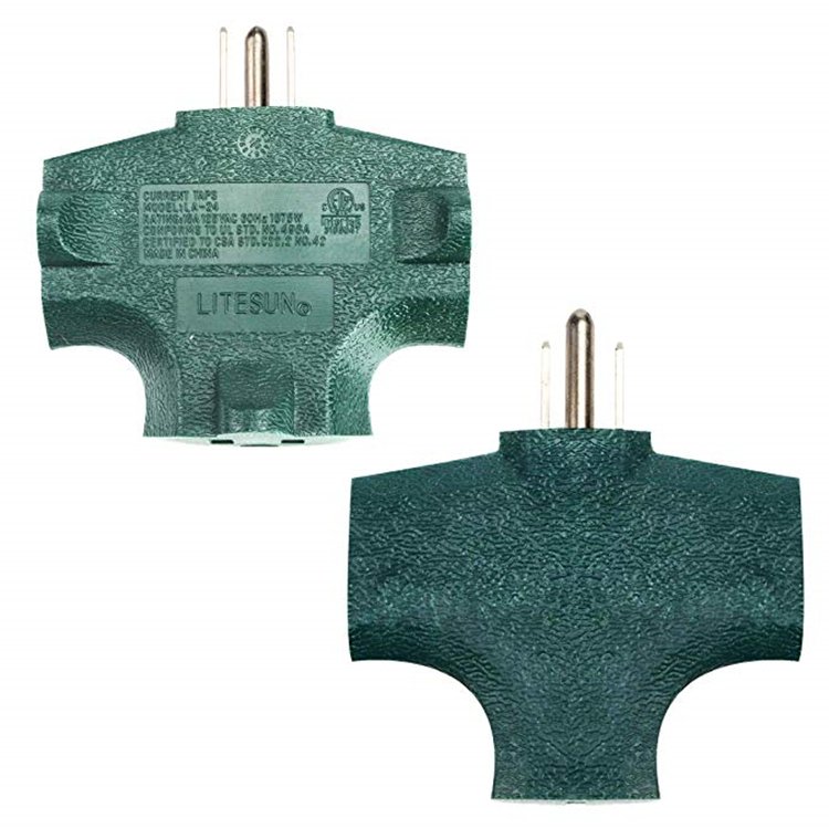 Heavy Duty Grounded Wall Plug 3 Way Green Tap T shape Outlet Grounding Adapter