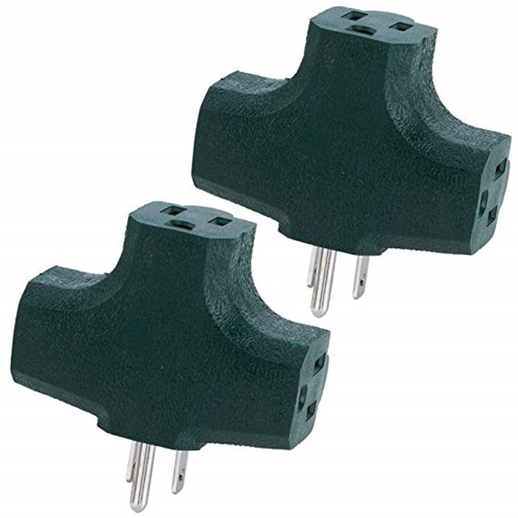 Heavy Duty Grounded Wall Plug 3 Way Green Tap T shape Outlet Grounding Adapter