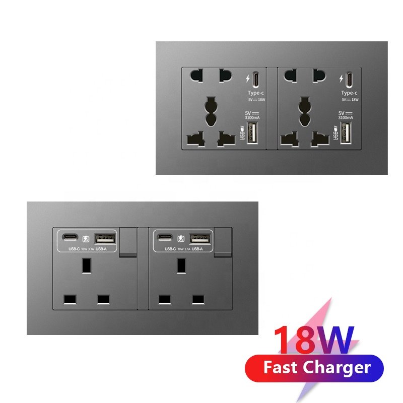 Universal Usb Socket plug With Type-c 18W Smart Fast Charging,UK Wall 1 2 3 4 Gang Light Switch PC Electrical 13A Socket Panel