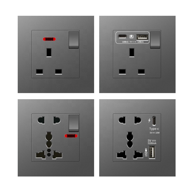 Universal Usb Socket plug With Type-c 18W Smart Fast Charging,UK Wall 1 2 3 4 Gang Light Switch PC Electrical 13A Socket Panel