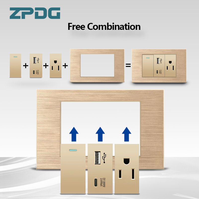 118 Type 20W USB Type-c High Quality Brushed PC Gold Panel Socket American Home USB Wall Switch Socket Electrical Switch Sockets