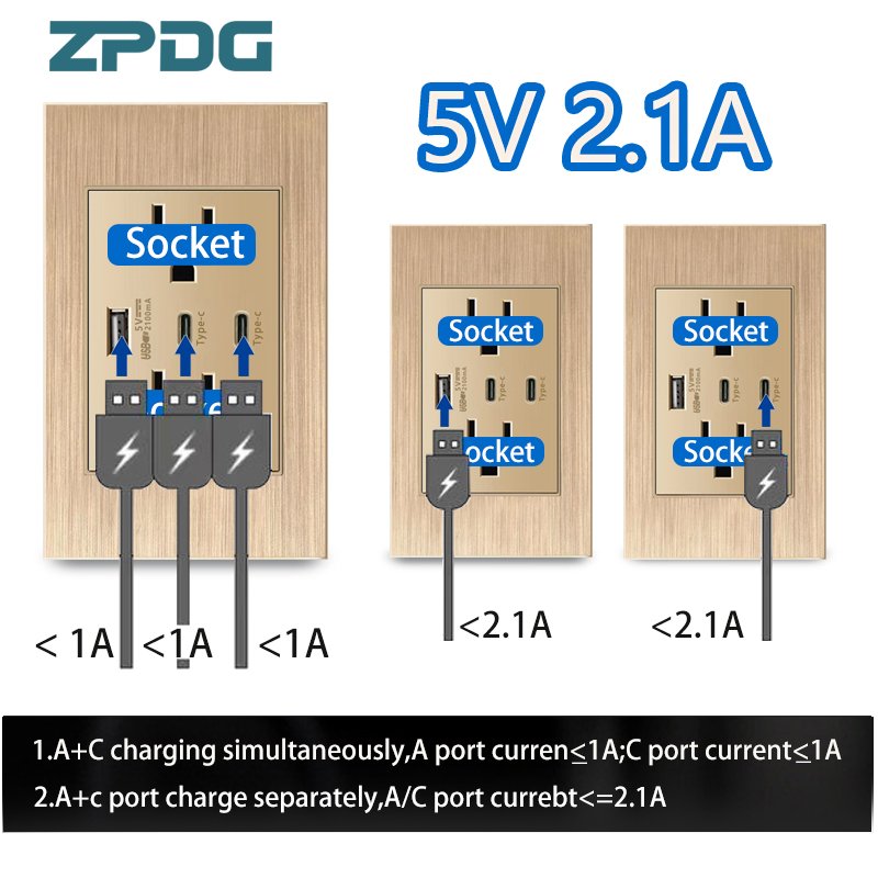 118 Type 20W USB Type-c High Quality Brushed PC Gold Panel Socket American Home USB Wall Switch Socket Electrical Switch Sockets