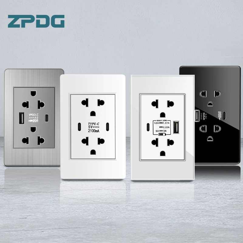 118 Type 20W USB Type-c High Quality Brushed PC Gold Panel Socket American Home USB Wall Switch Socket Electrical Switch Sockets