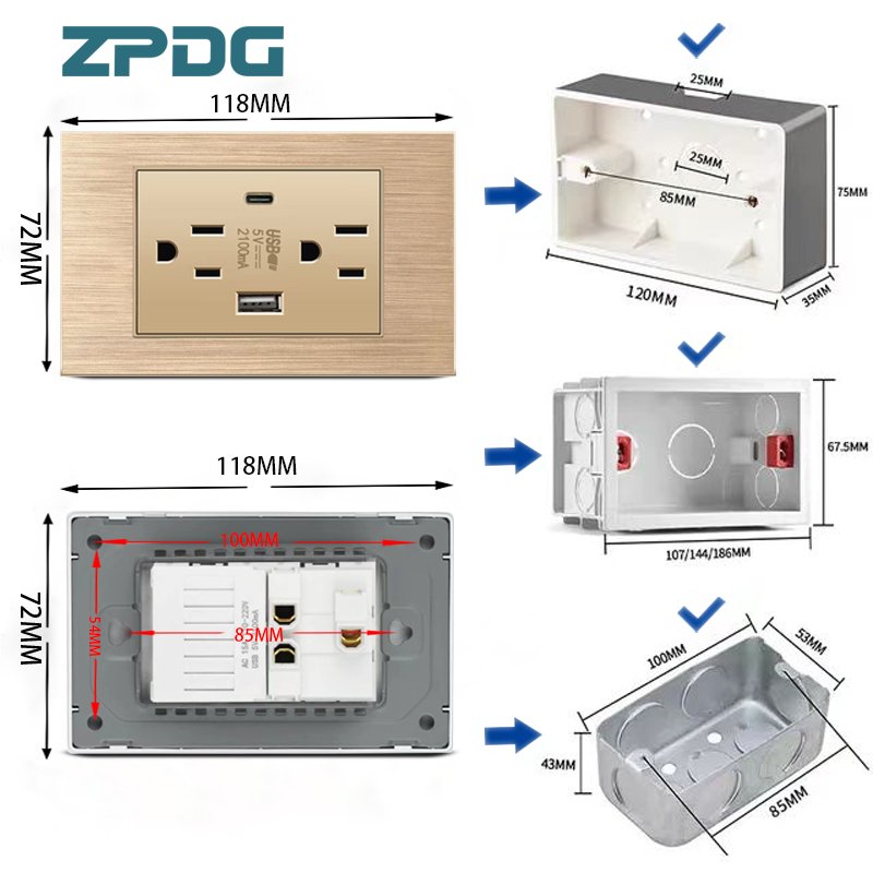 118 Type 20W USB Type-c High Quality Brushed PC Gold Panel Socket American Home USB Wall Switch Socket Electrical Switch Sockets
