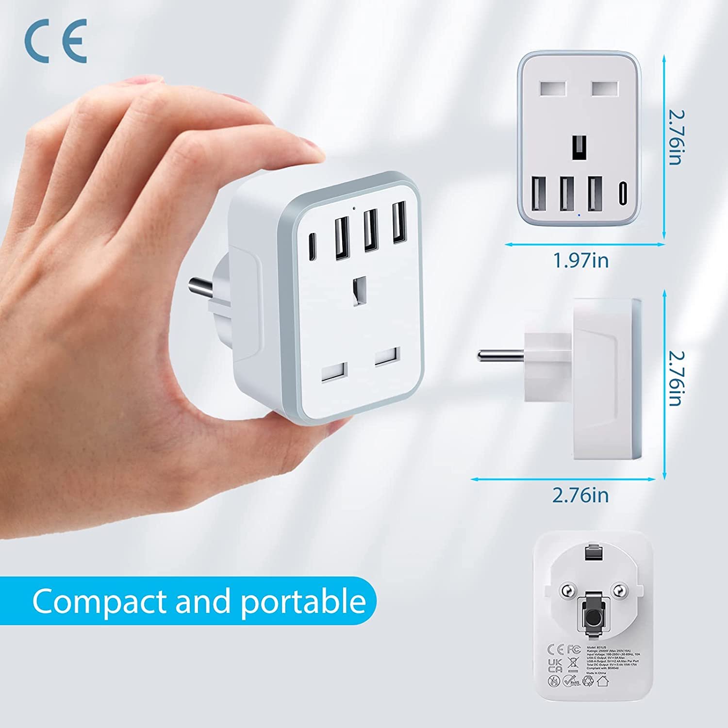 Smart UK EU Travel Adapter USB-C Plug 220-250 Volts Plastic Wall Socket Socket 13A Rated Current Power Charger USB Type-C CN